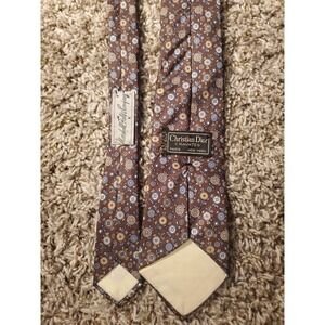 Vintage Christian Dior Cravates Geometric Silk Necktie Tie Mens Brown